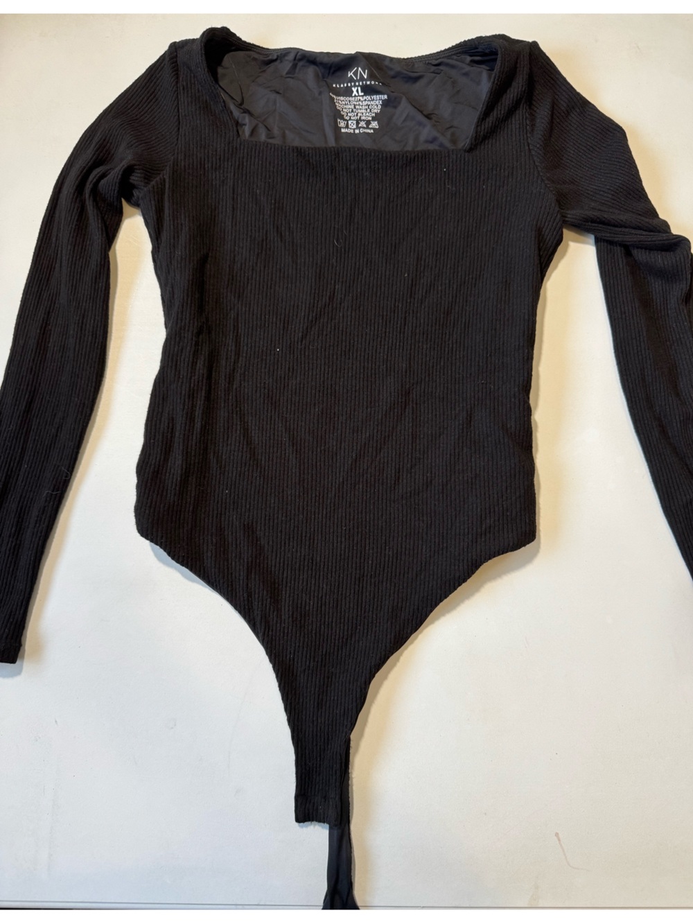 Klassy Network Black Ribbed Square-Neck Long Sleeve Bodysuit